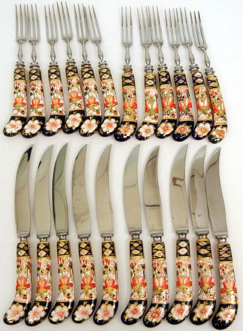 Royal Crown Derby flatware, "Imari" pattern, hand paint: Royal Crown Derby flatware, "Imari" pattern, hand painted porcelain handles, including twelve forks, 6 1/8", and ten knives, 7", marked on blades