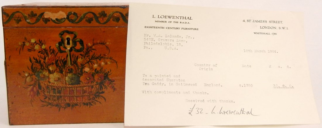 English Sheraton paint decorated tea caddy, in satinwoo: English Sheraton paint decorated tea caddy, in satinwood, ca. 1780, 5" high x 5 1/8" across x 4 1/8" deep, with 1954 L. Loewenthal London receipt