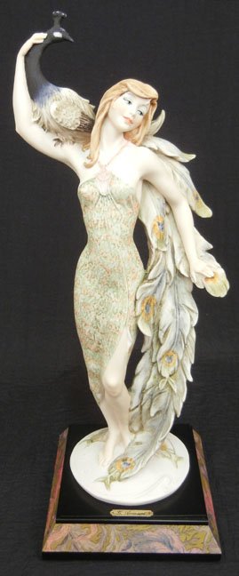 Giuseppe Armani figurine Lady with Peacock, mounted on : Giuseppe Armani figurine Lady with Peacock, mounted on base, signed on back and side, plaque on front, 15 3/4" high