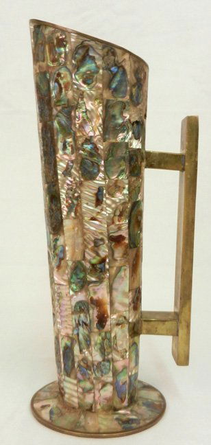 Mid 20th C. modern Mexican martini pitcher in abalone a: Mid 20th C. modern Mexican martini pitcher in abalone and brass, marked on bottom "Hecho en Mexico", 11 1/4" high