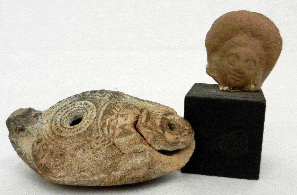 2nd Century BCE Coptic head and a pottery vessel, Copti: 2nd Century BCE Coptic head and a pottery vessel, Coptic head mounted on base, 2" high, pottery vessel 1 3/4" high x 4" across