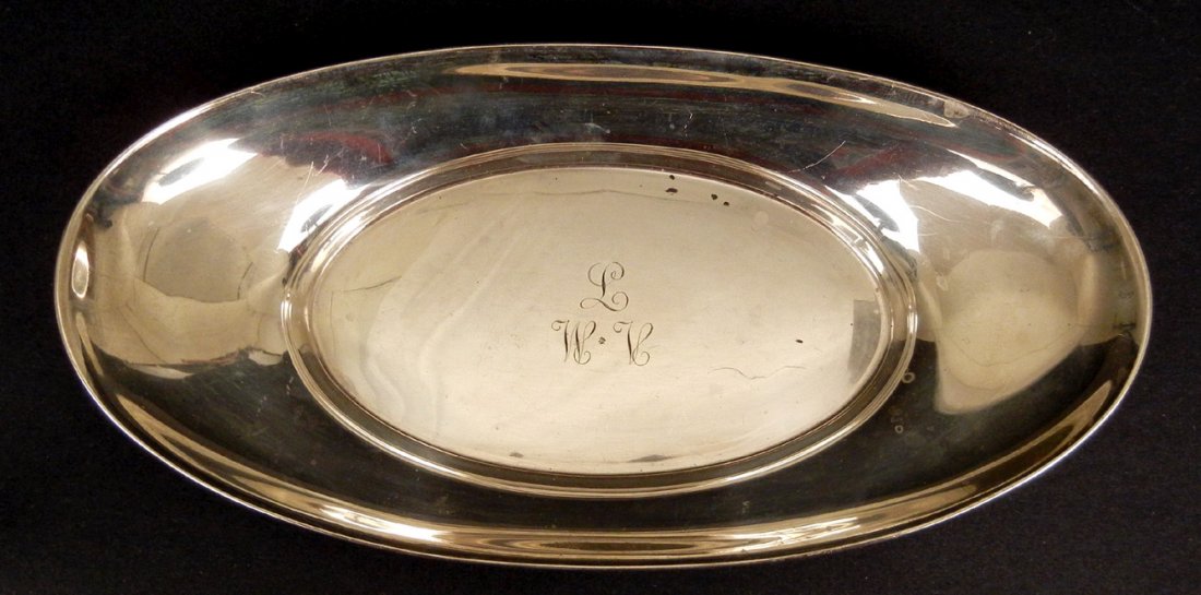 Gorham sterling silver bread tray, monogrammed on inter: Gorham sterling silver bread tray, monogrammed on interior bottom, mid 20th C., 2" high x 11 7/8" across x 6" deep, 7.291 troy ounces