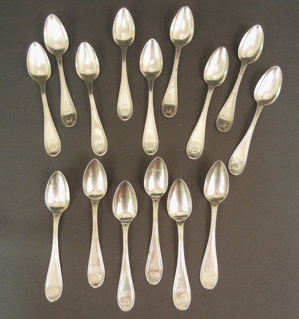 Set of fifteen R&W Wilson coin silver spoons, monogramm: Set of fifteen R&W Wilson coin silver spoons, monogrammed BP, impressed R&W Wilson Philada., on back of handle, ca. 1825-1846, 6 1/4", 13.4 troy ounces
