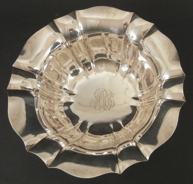 Watson Co. sterling silver center bowl, footed, scallop: Watson Co. sterling silver center bowl, footed, scalloped sides, monogrammed, marked on bottom "Bailey, Banks, & Biddle Co., Sterling, Watson Co. hallmark, A 12", ca. 1880-1955, 24.53 troy ounces