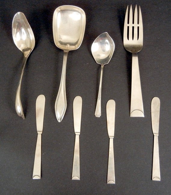 Sauce ladle with swan head handle, Towle "Mary Chilton": Sauce ladle with swan head handle, Towle "Mary Chilton" monogrammed D small solid berry/ casserole spoon, Towle "Louis XIV" jelly server, JVE serving fork and a set of four JVE butter spreaders, all f