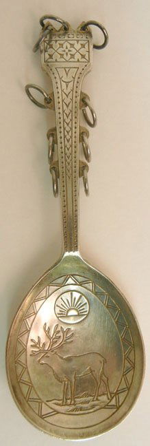 David Andersen Norway sterling silver serving spoon, st: David Andersen Norway sterling silver serving spoon, stag, sun and geometric decoration, 6" high, 1.641 troy ounces