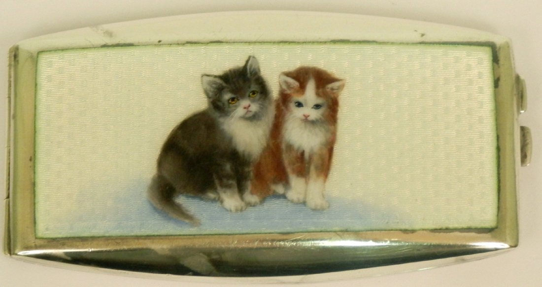 Enameled 900 silver calling card case, two seated kitte