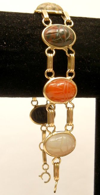 Gold scarab bracelet, 14k gold double link, stones set  - 2