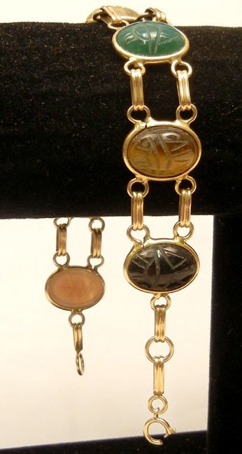 Gold scarab bracelet, 14k gold double link, stones set  - 3