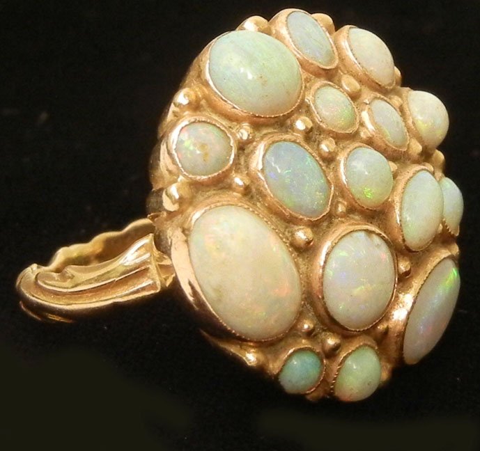Gold and opal cluster ring, 14k gold mounting set with 