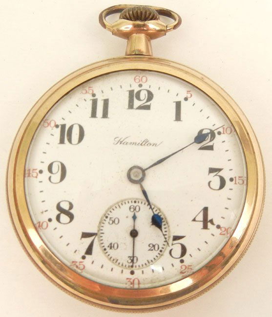 Hamilton gold filled pocket watch, 2 1/8" diameter, lar: Hamilton gold filled pocket watch, 2 1/8" diameter, large numbers on dial, marked inside Hamilton Watch Co. Lancaster Pa. 17 Jewels 974/1520256, early 20th C.