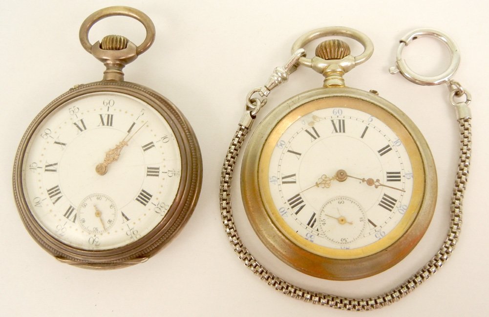 Two pocket watches, most likely Swiss, one with 800 sil: Two pocket watches, most likely Swiss, one with 800 silver case (marked), inside of case engraved Cylinder 10 Rubis, engraved design on back, 1 7/8" diameter, Roman numeral dial, gold hands; and one s