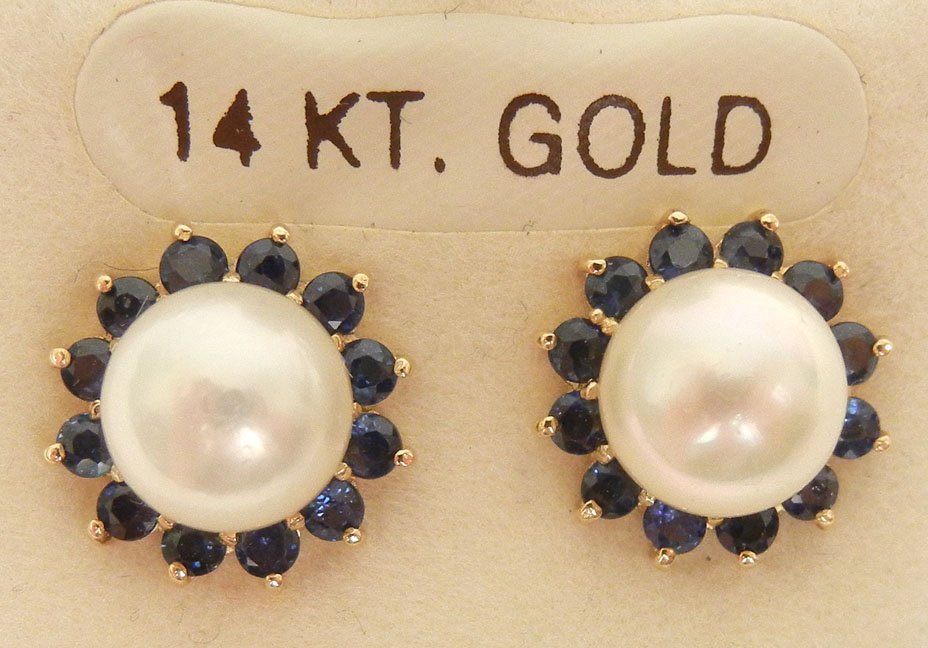 Two pair of gold and sapphire post earrings including o - 3