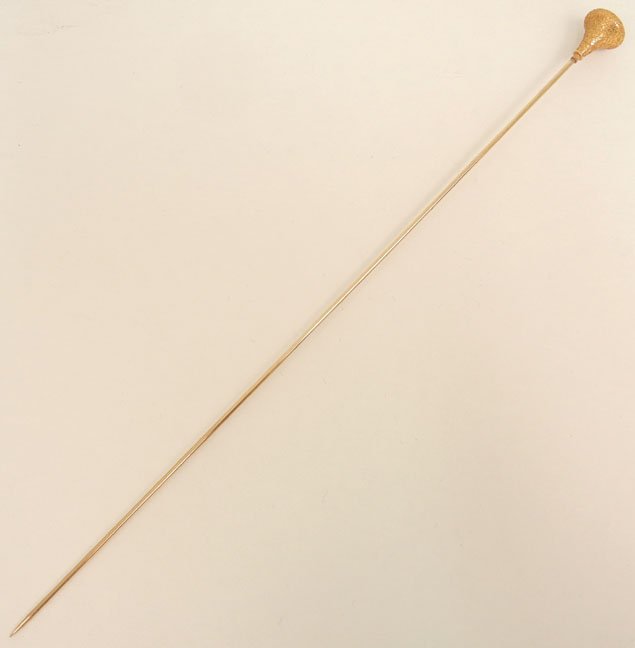 Gold hat pin, 14k gold top with intricate applied wirew: Gold hat pin, 14k gold top with intricate applied wirework, top is 5/8" long, total length 8 1/2", marked 14 (k), ca. 1910