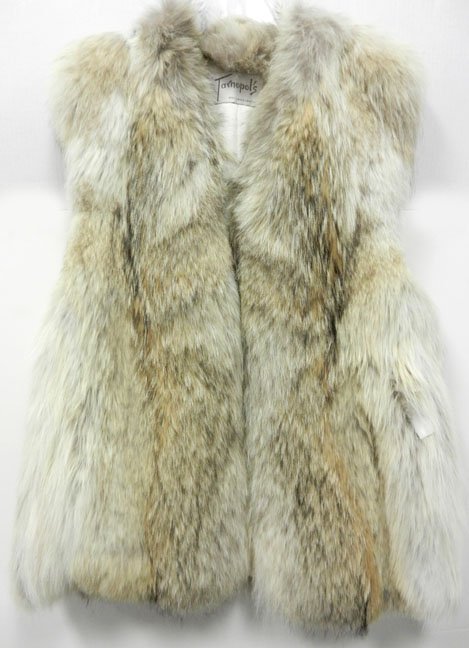 Coyote fur vest, size large, 22" across bust, 30" long,: Coyote fur vest, size large, 22" across bust, 30" long, label from Tarnopol's Philadelphia, late 20th C.