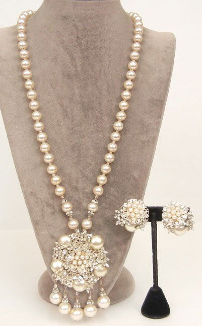 Miriam Haskell faux pearl and rhinestone necklace and e: Miriam Haskell faux pearl and rhinestone necklace and earrings set comprised of 10mm faux pearls with clear bead spacers and rhondelles, 27" long, 3" long pendant with sprays of rhinestones and pearls