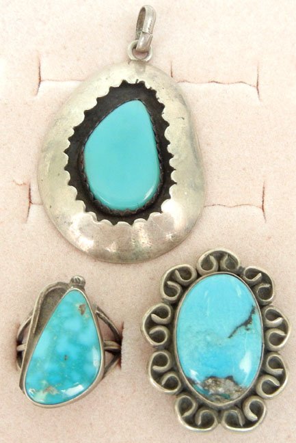 Native American handmade sterling silver and turquoise : Native American handmade sterling silver and turquoise grouping including pendant with turquoise stone measuring 23mm long x 15mm wide in shadow box mounting, pendant measures 1 3/4" long x 1 3/8" wid