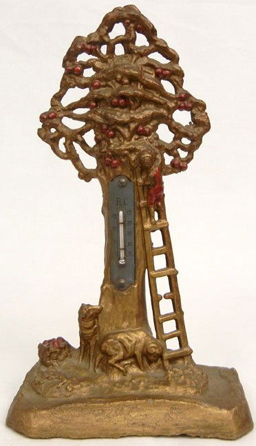 Spelter over cement RC figural thermometer, boy climbin: Spelter over cement RC figural thermometer, boy climbing an apple tree with dog and sheep at bottom of tree, RC above thermometer, Celcius thermometer, 9 1/2" high x 5 5/8" across