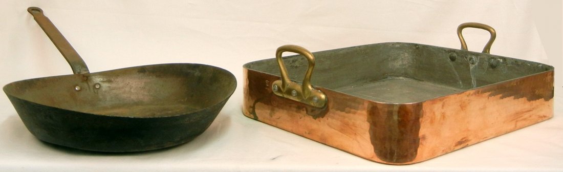 Lamalle NY French copper roasting pan, and a large cast: Lamalle NY French copper roasting pan, and a large cast iron skillet, roasting pan marked "Lamalle NY City, Made in France", measures 6 1/4" high x 21 3/8" across x 16" deep, skillet measures 31" acro