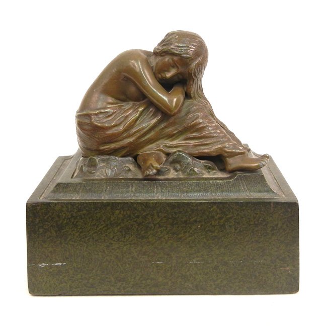 Continental School, spelter figure of seated woman on b: Continental School, spelter figure of seated woman on base, bronze finish, 3 1/2" high x 6 1/2", 19th C.