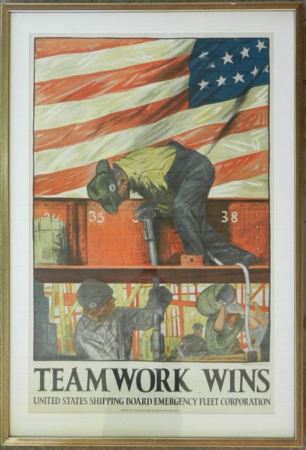 WWI poster, "Teamwork Wins", United States Shipping Boa: WWI poster, "Teamwork Wins", United States Shipping Board Emergency Fleet Corporation, artist Hibbert V.B. Kline, image size 39" x 25", frame size 45" x 30 1/2"
