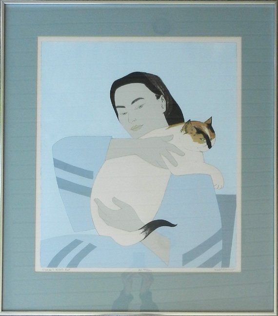 Will Barnet lithograph "Woman with White Cat", signed l: Will Barnet lithograph "Woman with White Cat", signed lower right, edition 166/200, 20th C. listed American, sight size 24" x 21", frame size 32" x 28", McCleaf Gallery label on verso