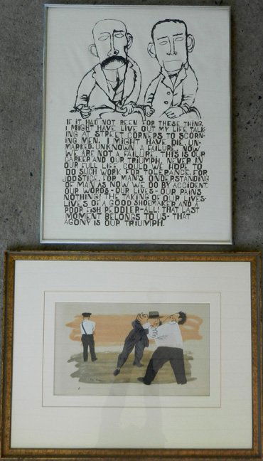 Ben Shahn, two serigraphs, #1.) Two men fighting, polic: Ben Shahn, two serigraphs, #1.) Two men fighting, policeman unaware, plate signed lower left, sight size 28 1/2" x 18", frame size 24" x 30 1/2", 2.) Two men with verse below, signed right mid-section