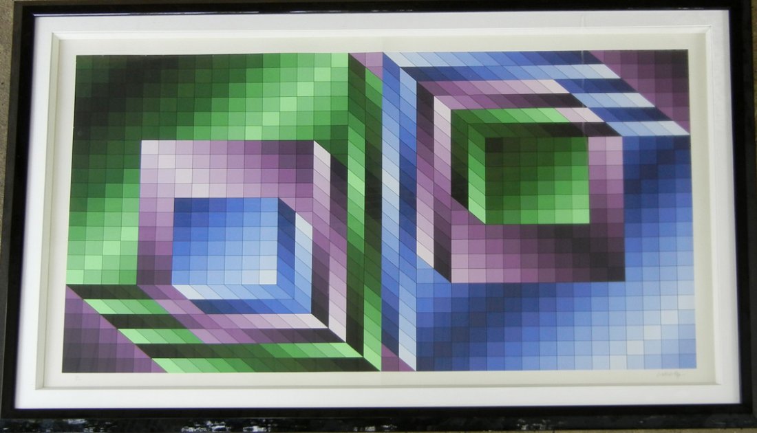 (Victor) Vasarely serigraph, geometric op-art, "Xonau-2: (Victor) Vasarely serigraph, geometric op-art, "Xonau-2" numbered 42/200, signed lower right, Circle Fine Art Corporation label on verso, 20th C. European, sight size 32" x 53", 44" x 64"