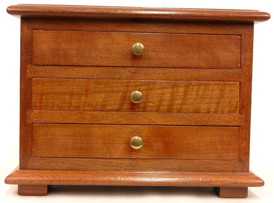 Miniature walnut chest of drawers, three long drawers, : Miniature walnut chest of drawers, three long drawers, block feet, with 1951 receipt from The Old Furniture Shop in Fort Washington, PA by craftsman Edwin A. Palsir, 10" x 13 1/4" x 7"
