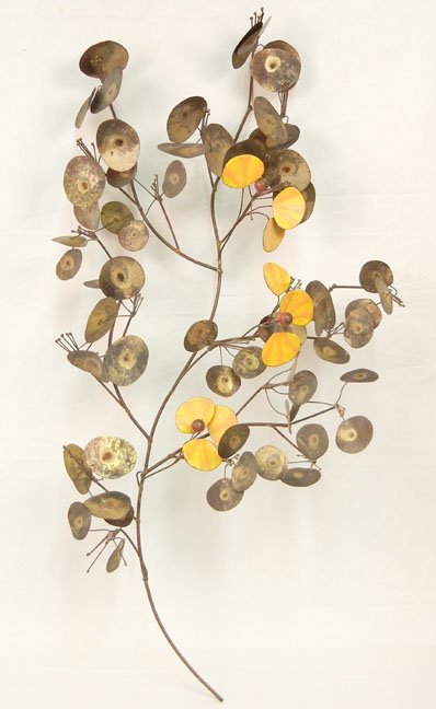 Enameled brass wall sculpture in the style of Curtis Je: Enameled brass wall sculpture in the style of Curtis Jere, twig with leaves and berries, mid 20th C., 19" high x 40" across