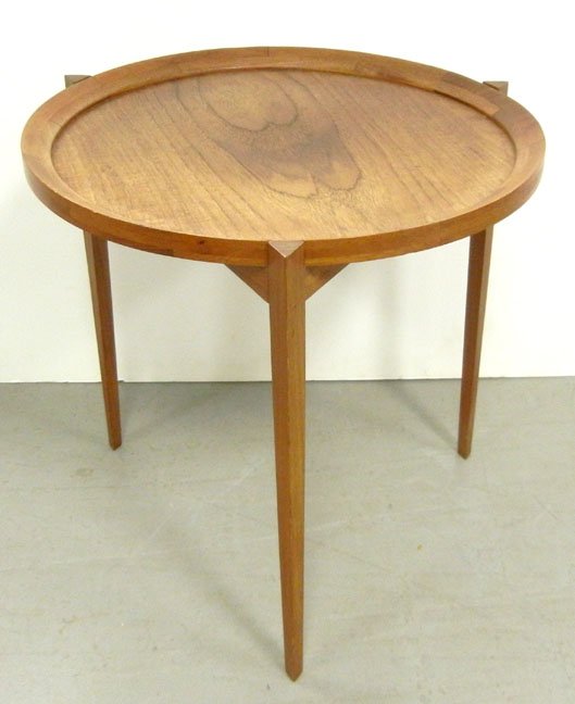 Danish mid century Modern round walnut tray table, thre: Danish mid century Modern round walnut tray table, three legs, stamped on bottom Made in Denmark, 20 1/2" high x 20 1/4" diameter