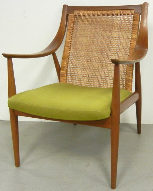 John Stuart Hvidt and Molgaard-Nielsen lounge chair, De: John Stuart Hvidt and Molgaard-Nielsen lounge chair, Denmark, teak with cane back and loose cushion, 33 1/2" high x 26" x 26"