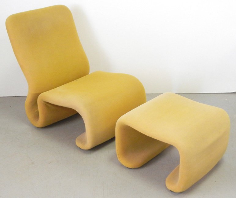 Mid century Modern molded foam over steel chair and foo: Mid century Modern molded foam over steel chair and footstool, tubular frame, chair measures 34" x 24 1/2" x 29", stool 14 1/2" x 20 1/2" x 21"