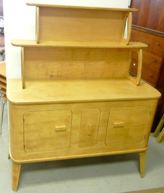 Thaden Jordan Birch Hutch: Herbert von Thaden & Donald Jordan hutch, by Thaden-Jordan Furniture Corp., Roanoke, VA, c.1947, birch case with center drawer flanked by two doors, removable upper hutch with shelves, original finish