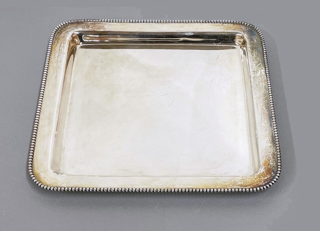 Sterling Silver Square Gallery Tray: Simpson, Hall, Miller & Co. sterling silver square tray with beaded rim, impressed 1938, Sterling with maker's mark and C3104 10" on bottom, 11" x 11", 18.865 ozt.