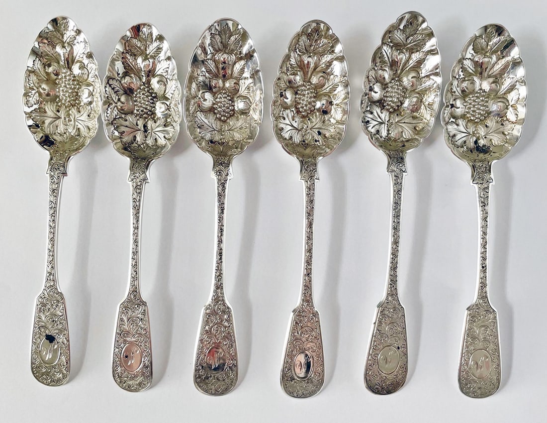 Six Scottish Sterling Silver Tablespoons: Six Scottish sterling silver tablespoons. The town mark has bird, bell and fish in the tree, the coat of arms of Glasgow, George III duty mark, lion rampant, three are stamped A.M, three with JC as