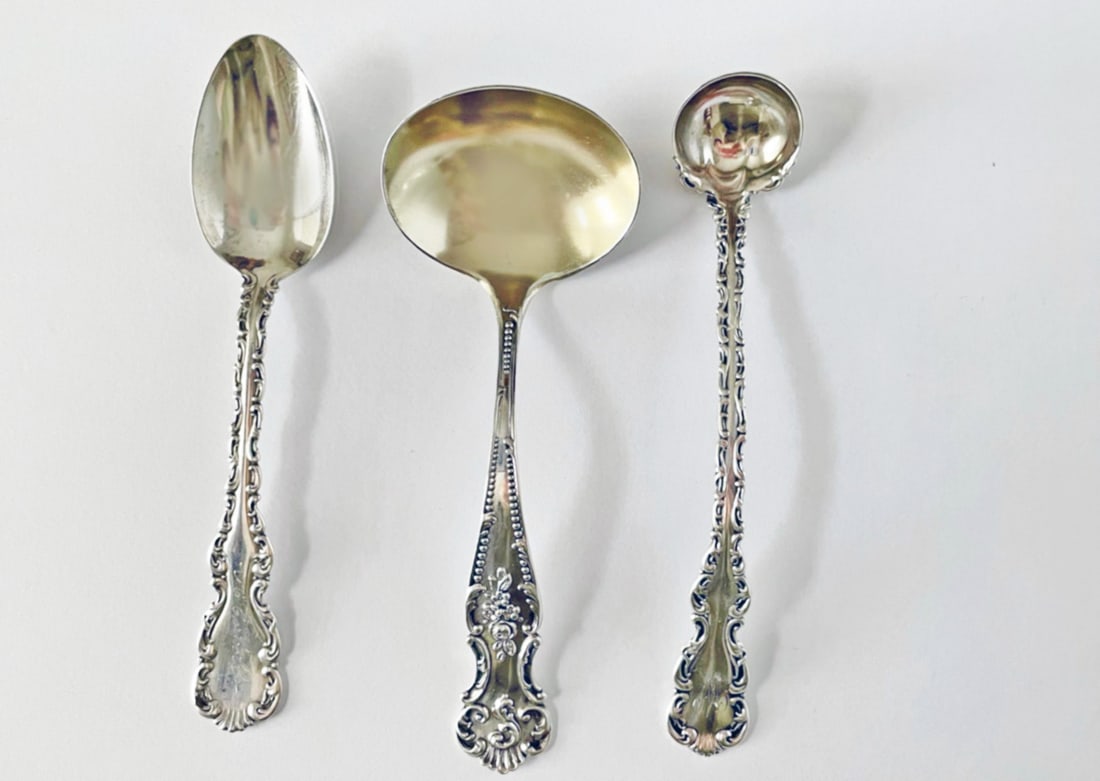 Three Sterling Silver Spoons: Three sterling silver spoons, includes sauce ladle with gold wash in bowl stamped 925 Sterling 1000 5", Whiting small sauce ladle stamped Sterling with manufacturers stamp 5", and a Whiting teaspoon