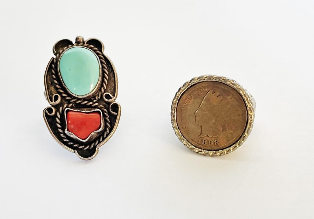 Native American Sterling Silver Ring and Coin Ring: Native American sterling silver ring and coin ring, Navajo handmade ring with turquoise and coral, 1.5" long, size 6; and silver plated ring with 1898 Indian head penny, size 9.5, weight of Navajo rin