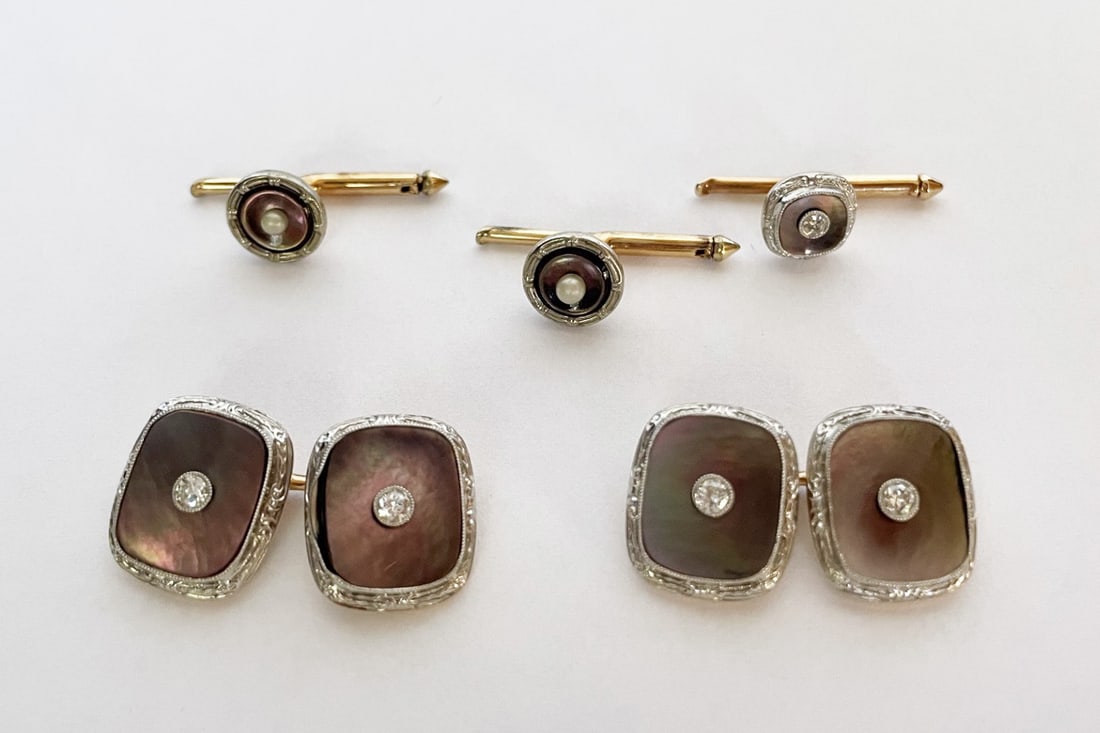 Art Deco Rolled Gold Plated and Diamond Shirt Set: Art Deco rolled gold plated and diamond shirt set, 14k rolled gold cufflinks edged in platinum, double sided, 9/16" x 7", each side set with abalone and small diamond measuring approximately 0.07 cara