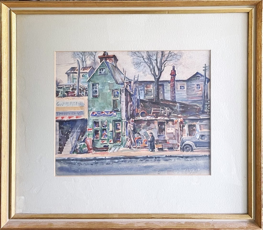 Arthur Meltzer Watercolor on Paper: Arthur Meltzer watercolor on paper, "Old Lady with Cats", 1950, a study for an oil painting that was sold at Rago Auction in 2020 $1,875 "Shopkeeper and Her Cats", Hahn Gallery label on verso, and ink