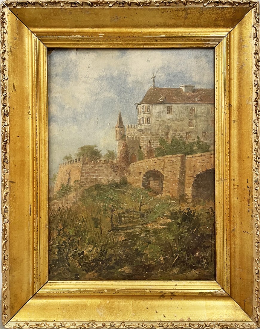 Continental School Landscape with Castle: Continental school landscape with castle, oil on board, information on verso "Anton Schaff, Amer. Anton (Schaaf) born 1869, Fielding's & Mallett, signed and dated lower left, size: 12 1/4" x 9 in"", g
