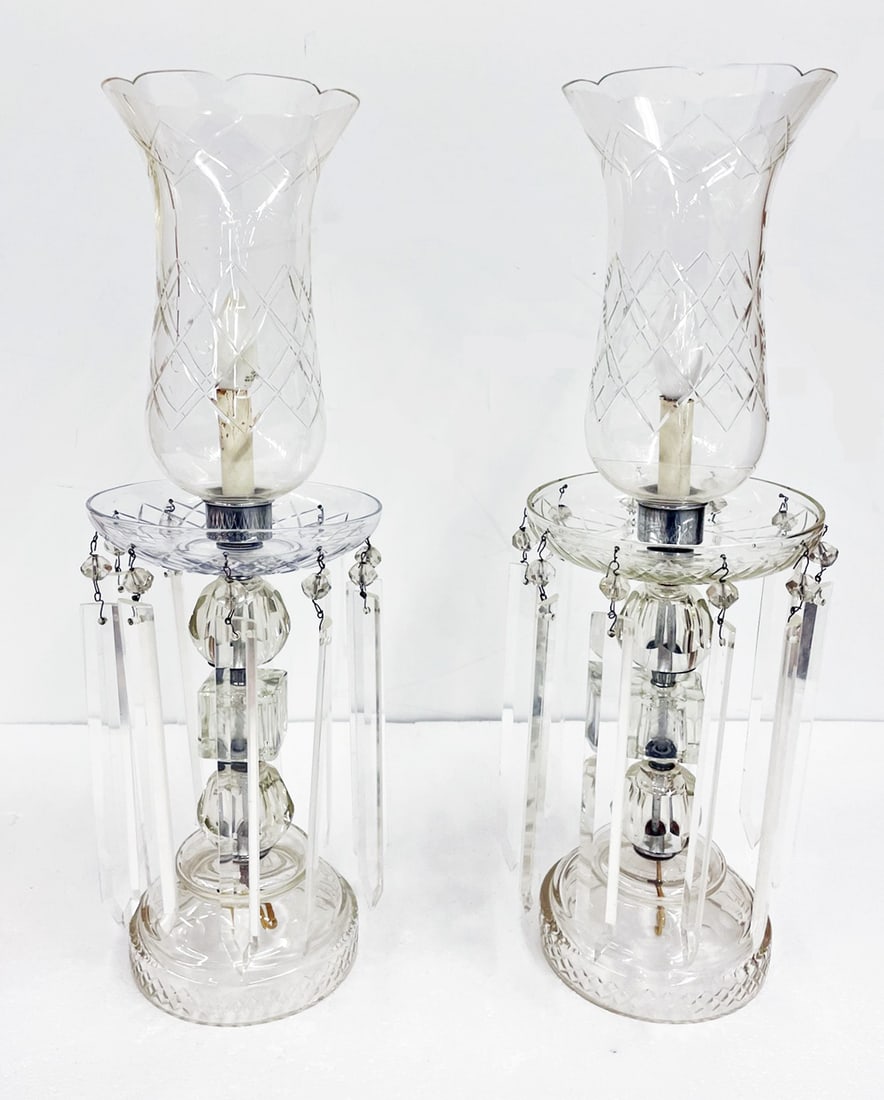 Pair of Cut Glass Hurricane Lamps with Prisms (1 of 2)