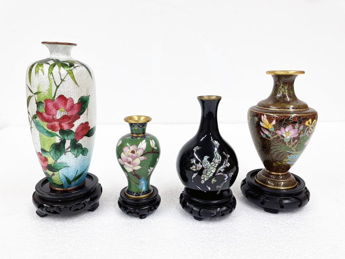 Four Cloisonne, Ginbari, and Enameled Vases (1 of 2)