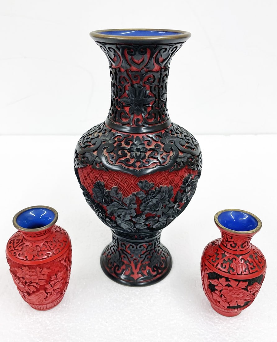 Three Carved Cinnabar Vases (1 of 2)