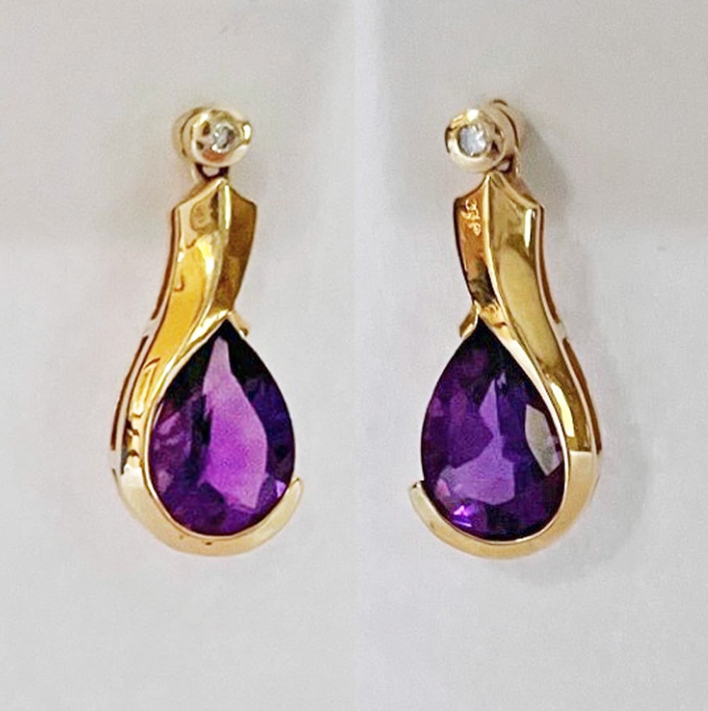 Modern 14k Gold Amethyst Diamond Earrings (1 of 2)