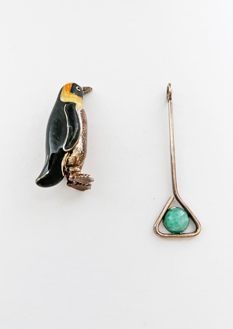 Sterling Silver Brooch and Pendant: Sterling silver brooch and pendant, Italian enameled sterling silver penguin pin, 1 3/8" long, stamped Italy 925; and modern Scandinavian pendant with green stone, 2" long, stamped 830S, combined weig