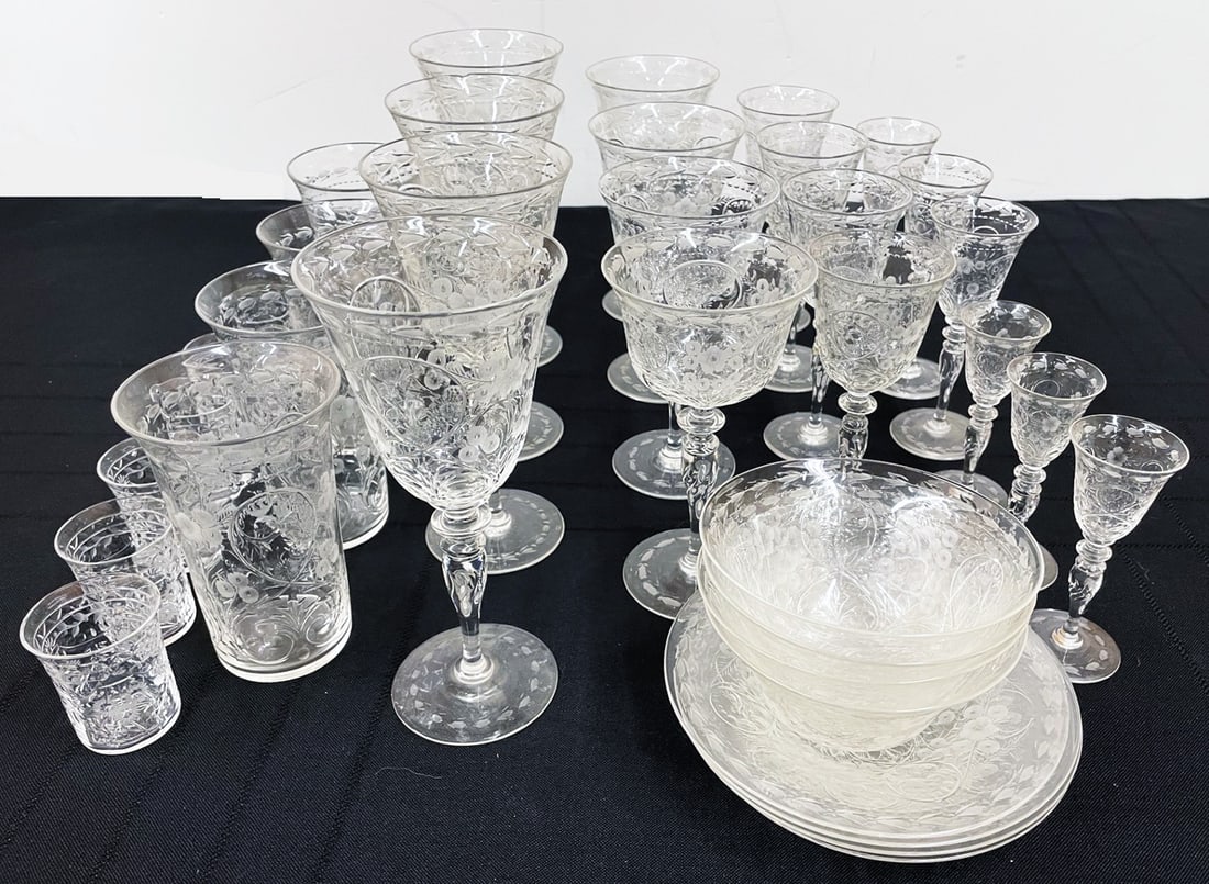 36 Piece Set of Webb Corbett Crystal Stemware: 36 piece set of Webb Corbett crystalsStemware, etched floral and foliate design, some pieces acid stamped on bottom Webb Corbett Made in England, set includes four water goblets, 81/8" high, four cham