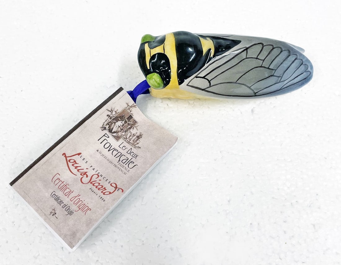 Louis Sicard Cicada Wall Pocket: Louis Sicard Cicada wall pocket, French, hand painted and signed on bottom, measures 4 1/4" high x 2" wide x 2" deep