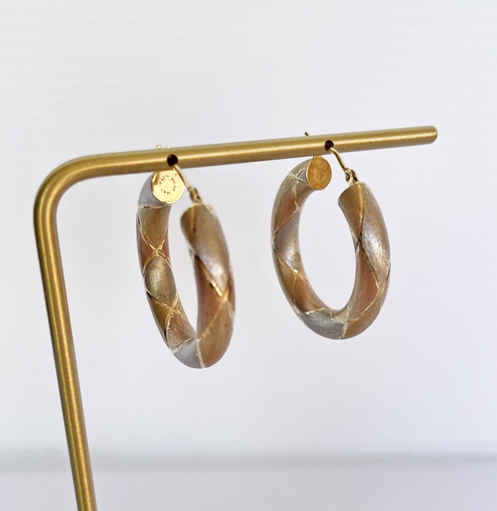 Italian 14k Tri-Color Gold Hoop Earrings: Italian 14k tri-color gold hoop earrings, white, yellow and rose gold etched diamond pattern, Florentine finish, stamped Milor Italy 14k, weight 2.7 grams