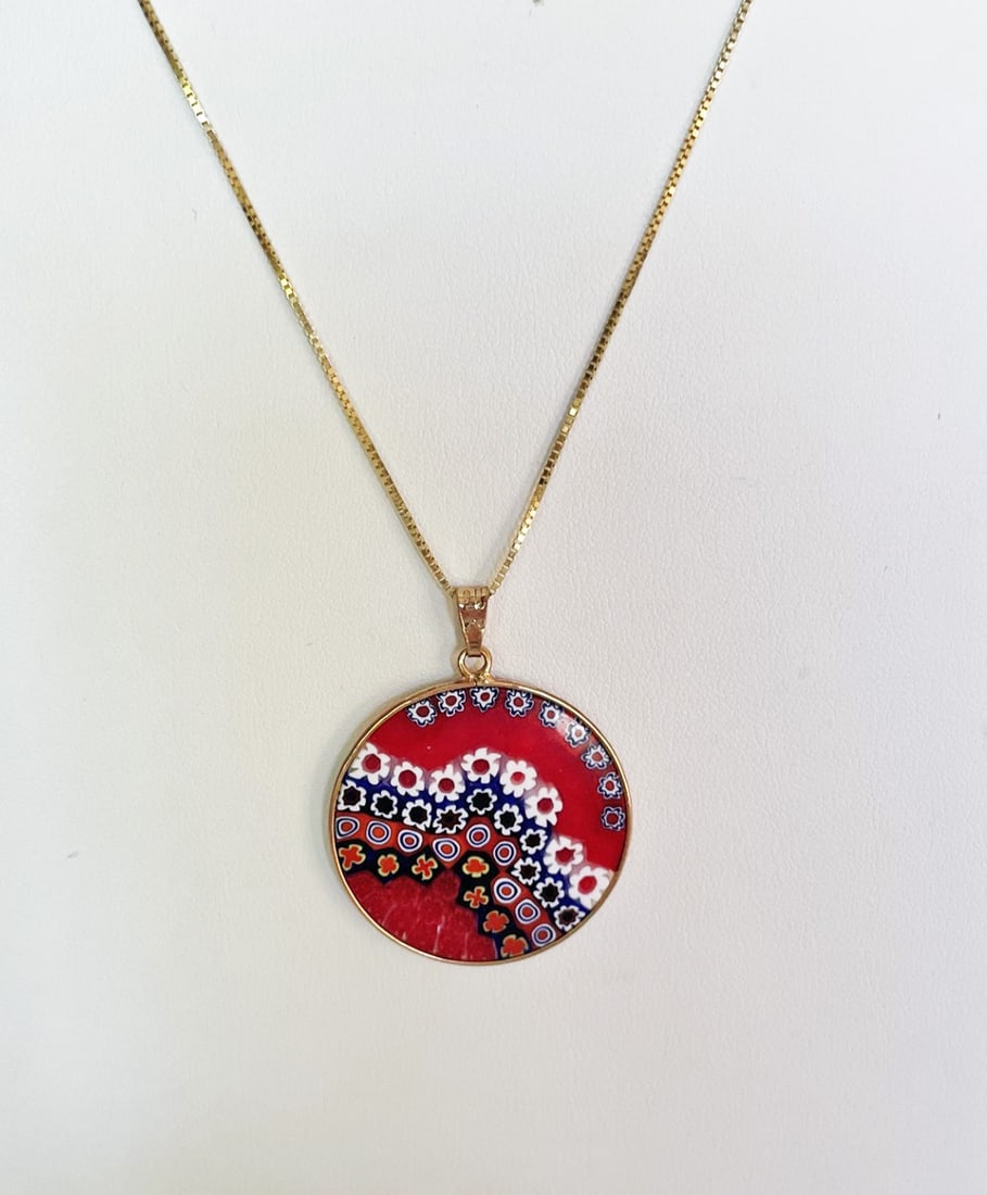 Italian Millefiori Pendant and 14k Gold Chain: Italian Millefiori pendant and 14k gold chain, round pendant 1.24" in diameter in vermeil sterling silver bezel stamped 925, 19: box link chain stamped 585 Italy, weight of chain only, 2.3 grams